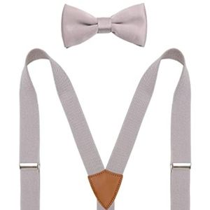 BODY STRENTH Men's Boys' Suspenders and Bow Tie Set Adjustable with Clips Grey